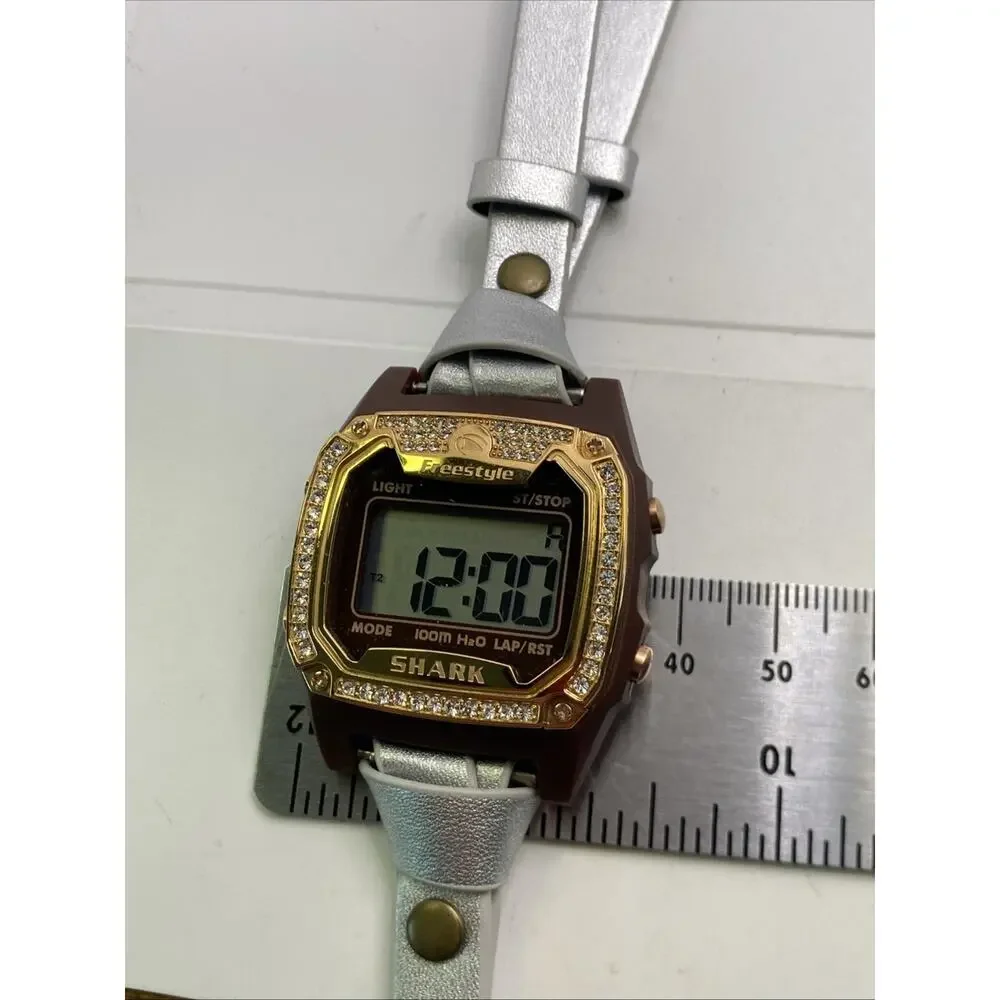 Freestyle Shark Rosegold Rhinestone SilverLeather Band Surfing Watch New Battery